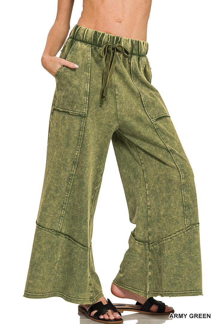 Zenana Patchwork Mineral Washed Exposed Edge Wide Leg Pant TPW-5253