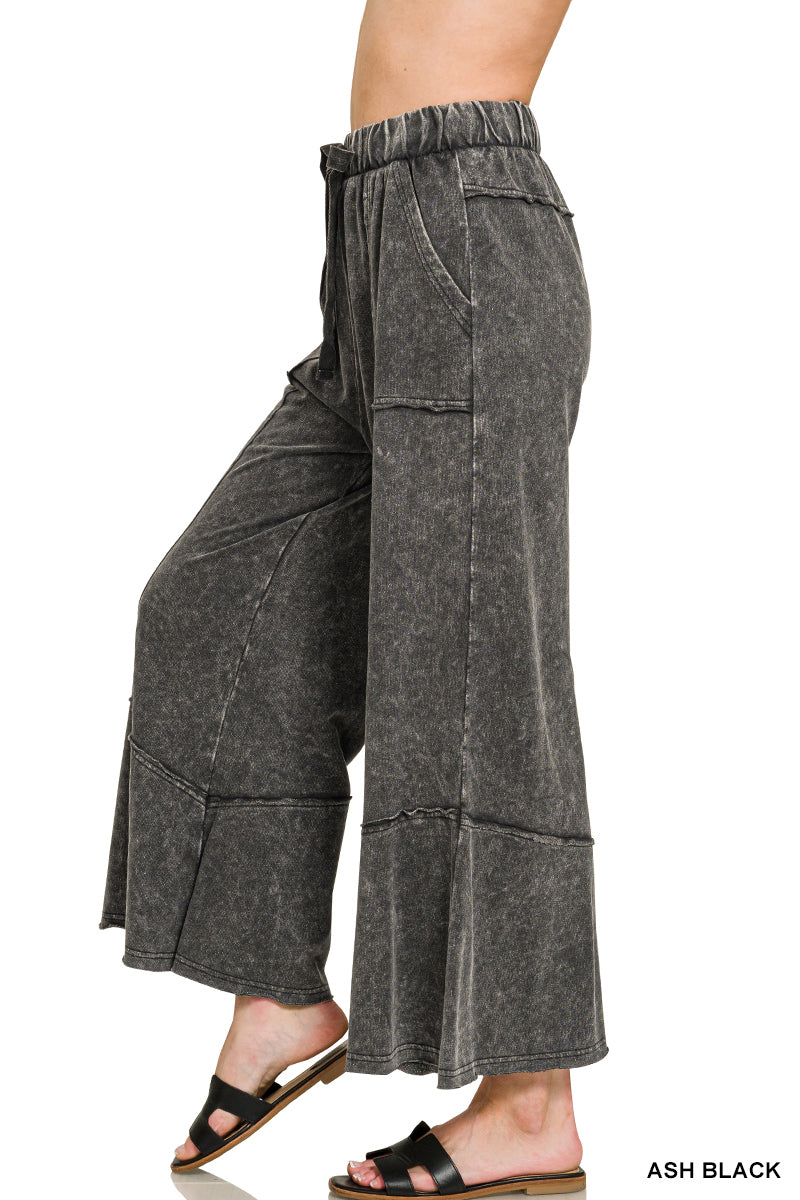 Zenana Patchwork Mineral Washed Exposed Edge Wide Leg Pant TPW-5253