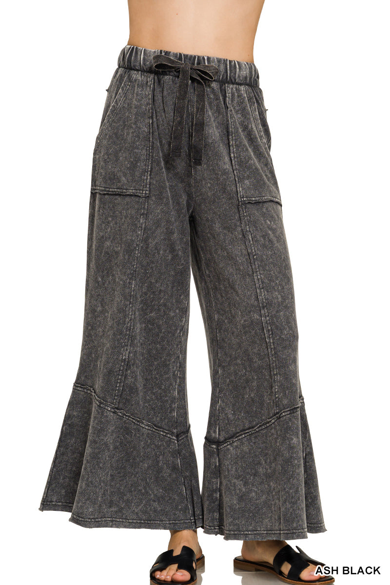 Zenana Patchwork Mineral Washed Exposed Edge Wide Leg Pant TPW-5253