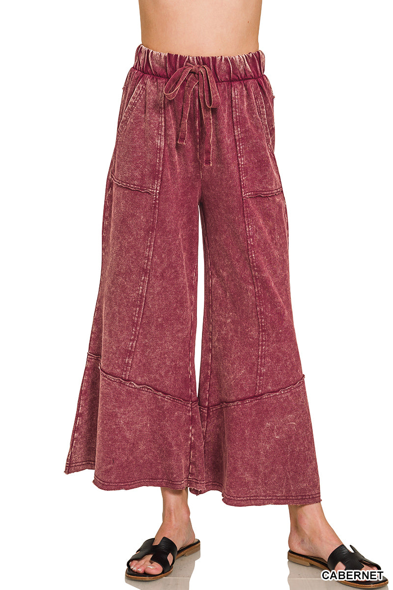 Zenana Patchwork Mineral Washed Exposed Edge Wide Leg Pant TPW-5253