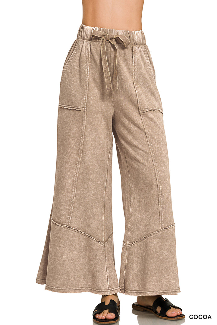 Zenana Patchwork Mineral Washed Exposed Edge Wide Leg Pant TPW-5253