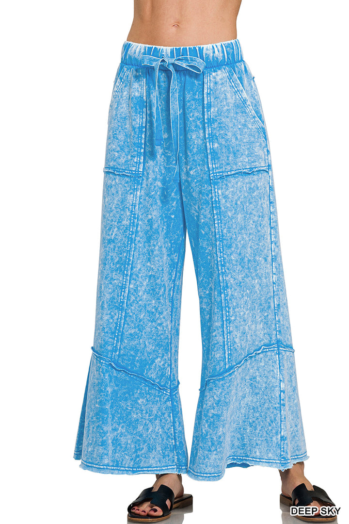 Zenana Patchwork Mineral Washed Exposed Edge Wide Leg Pant TPW-5253