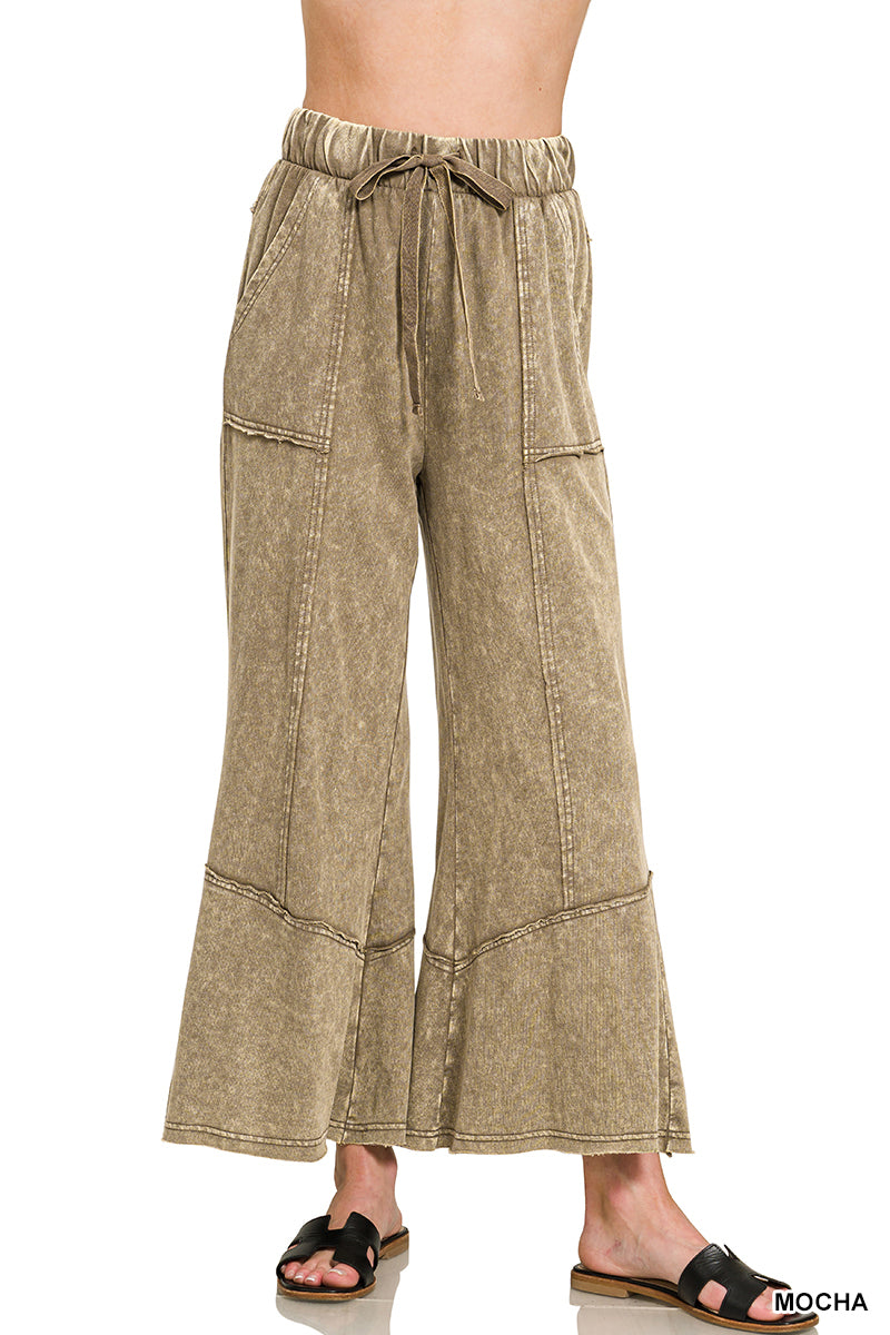 Zenana Patchwork Mineral Washed Exposed Edge Wide Leg Pant TPW-5253
