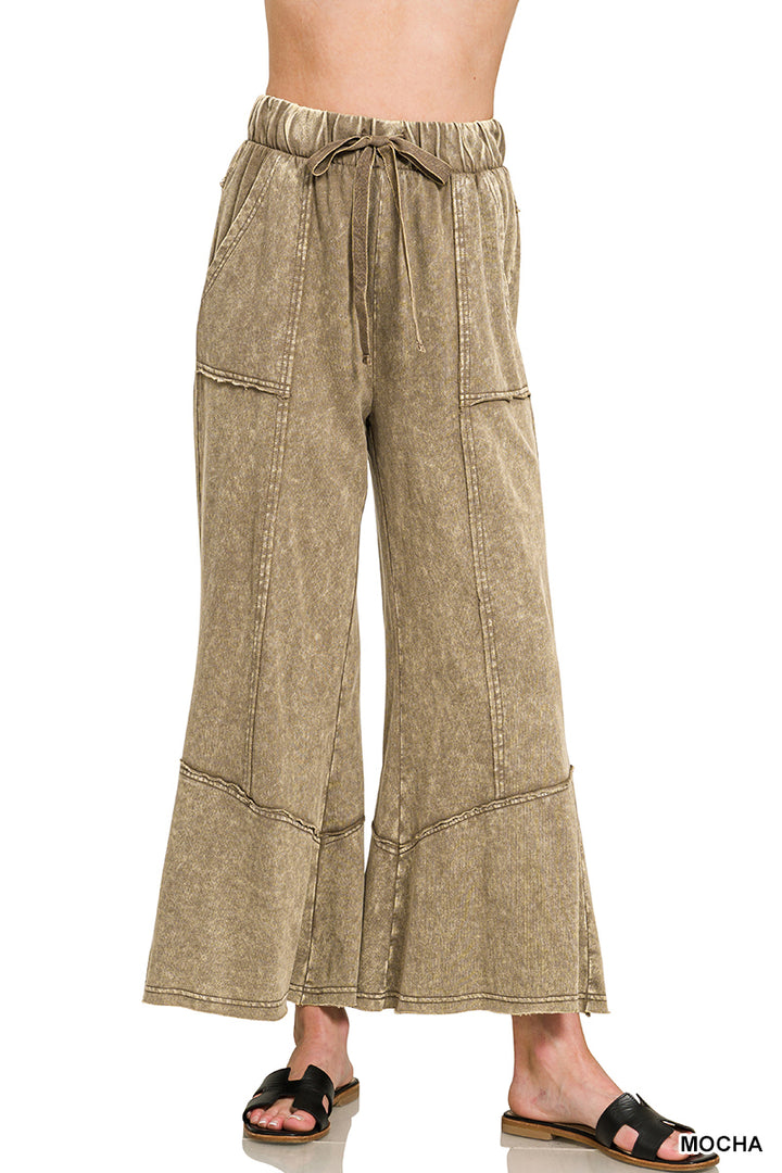 Zenana Patchwork Mineral Washed Exposed Edge Wide Leg Pant TPW-5253