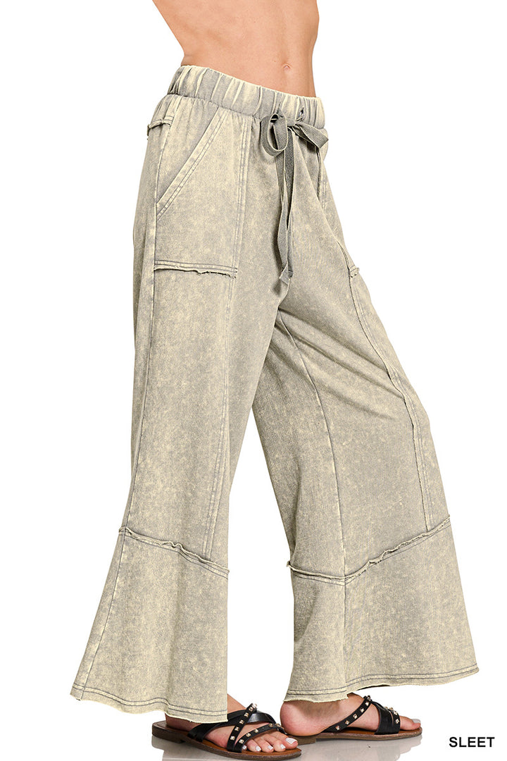 Zenana Patchwork Mineral Washed Exposed Edge Wide Leg Pant TPW-5253