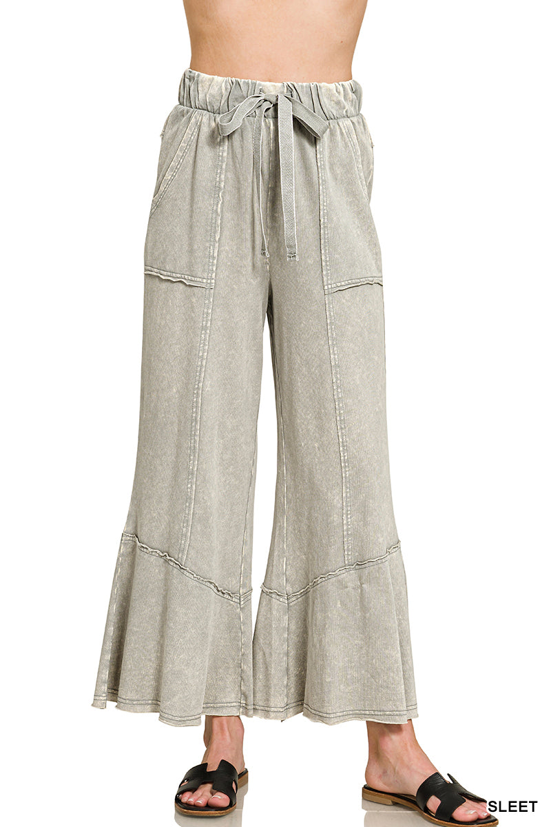 Zenana Patchwork Mineral Washed Exposed Edge Wide Leg Pant TPW-5253