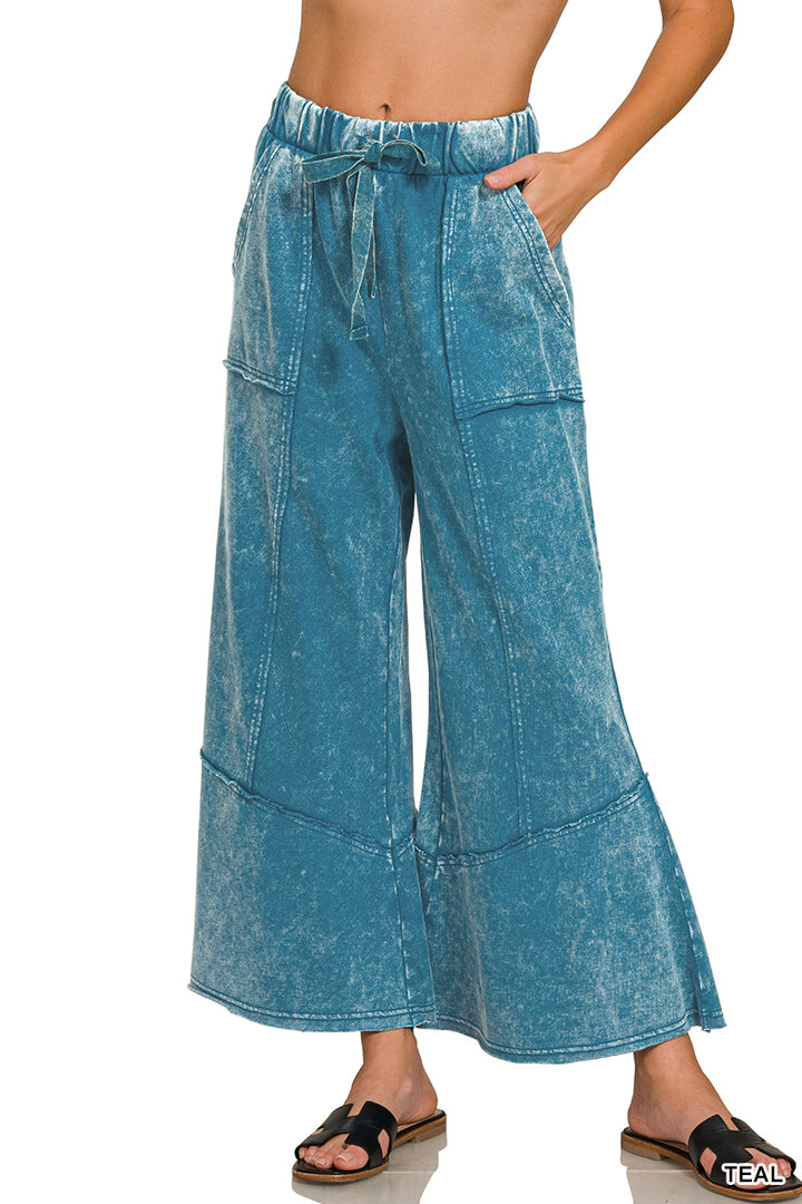 Zenana Patchwork Mineral Washed Exposed Edge Wide Leg Pant TPW-5253
