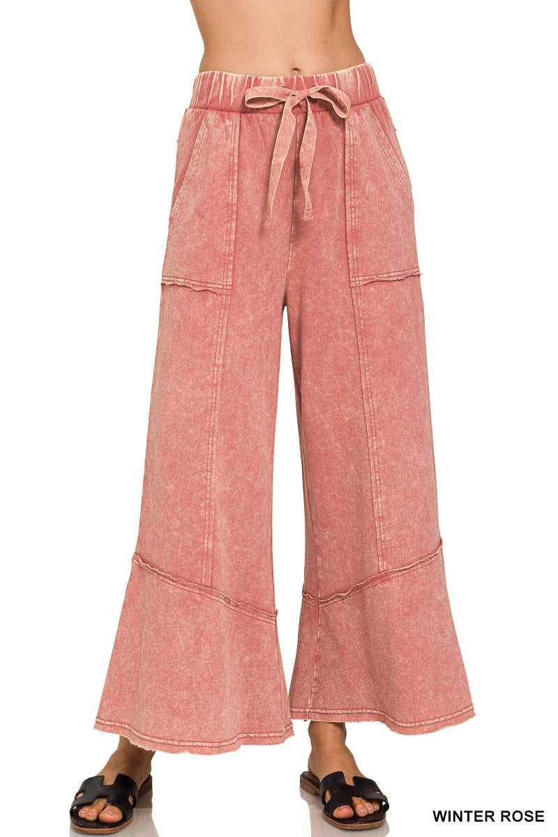 Zenana Patchwork Mineral Washed Exposed Edge Wide Leg Pant TPW-5253