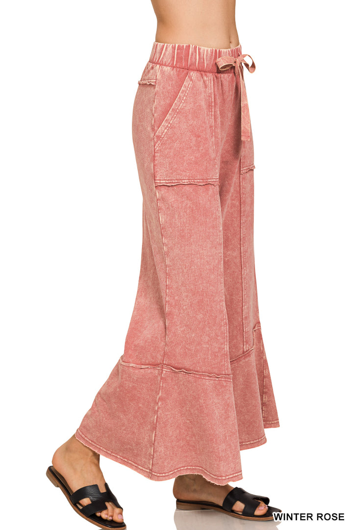 Zenana Patchwork Mineral Washed Exposed Edge Wide Leg Pant TPW-5253