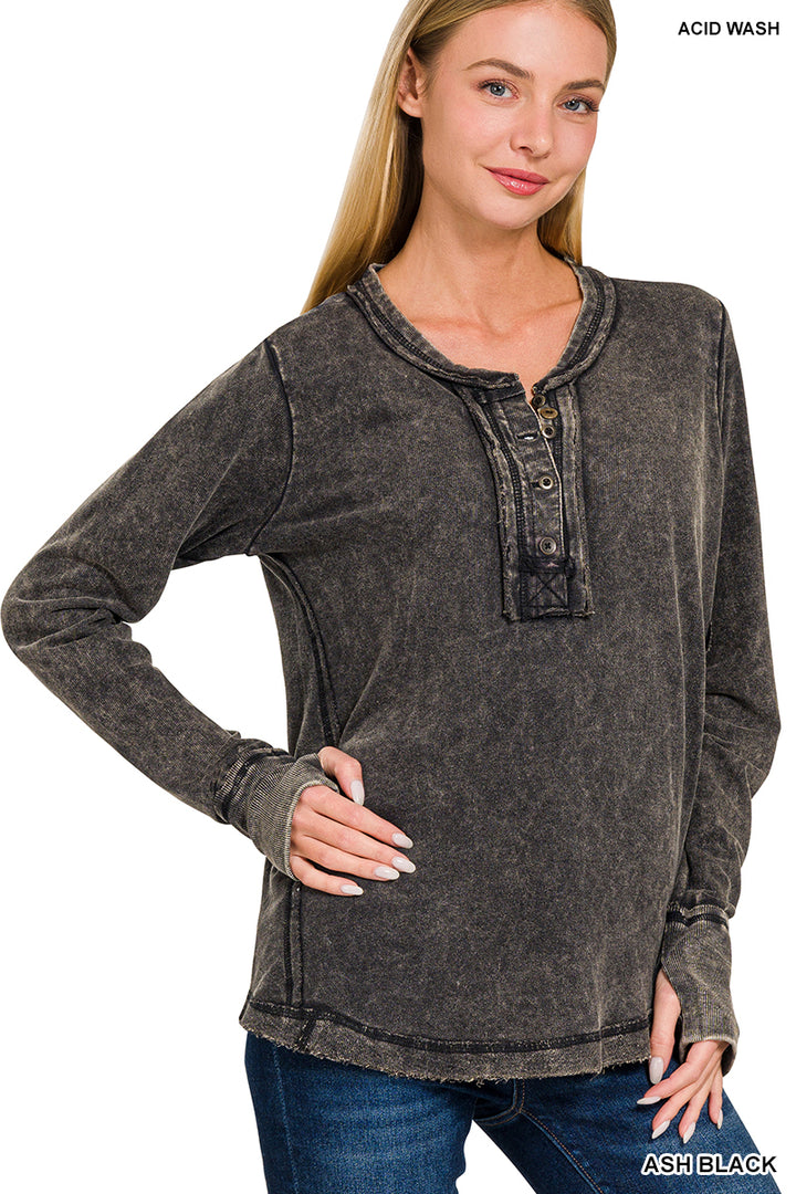 Zenana Mineral Washed Thumb Hole Cuffed Long Sleeve TTW-3319