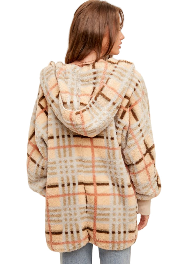 Hem & Thread Multi Color Plaid Oversized Fuzzy Hooded Jacket - Cream Mix - Back View