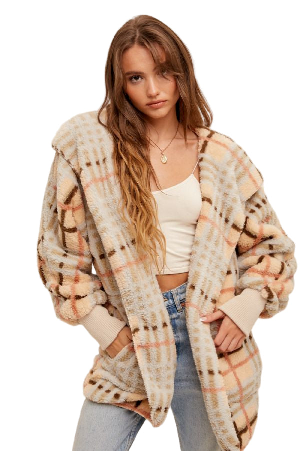 Hem & Thread Multi Color Plaid Oversized Fuzzy Hooded Jacket - Cream Mix - Front View