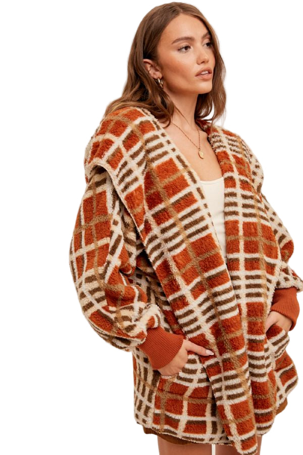 Hem & Thread Multi Color Plaid Oversized Fuzzy Hooded Jacket - Rust Mix - Side View