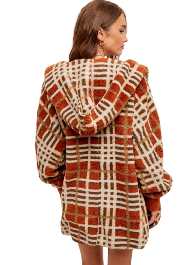 Hem & Thread Multi Color Plaid Oversized Fuzzy Hooded Jacket - Rust Mix - Back View