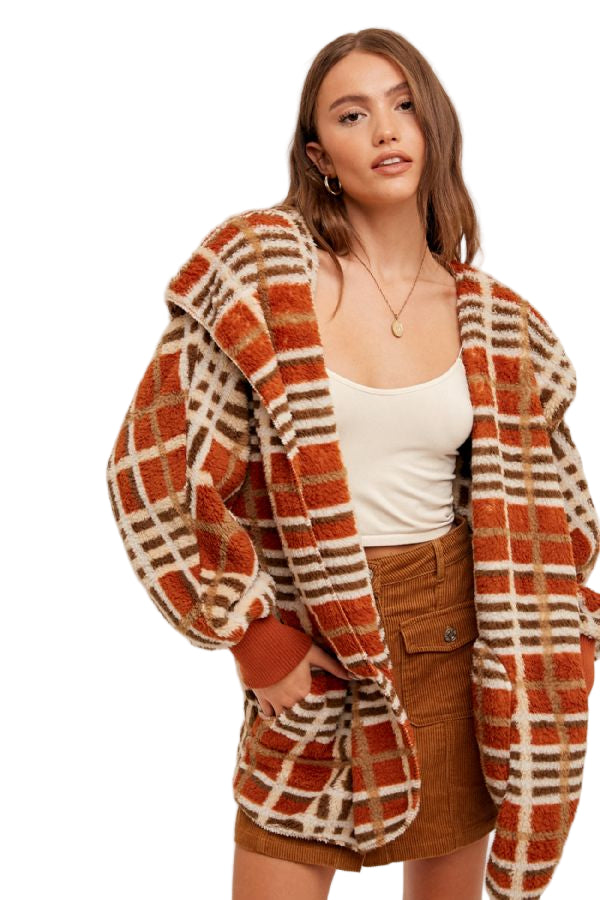 Hem & Thread Multi Color Plaid Oversized Fuzzy Hooded Jacket - Rust Mix - Front View