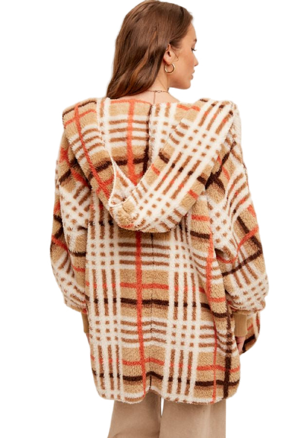 Hem & Thread Multi Color Plaid Oversized Fuzzy Hooded Jacket - Taupe Mix - Back View