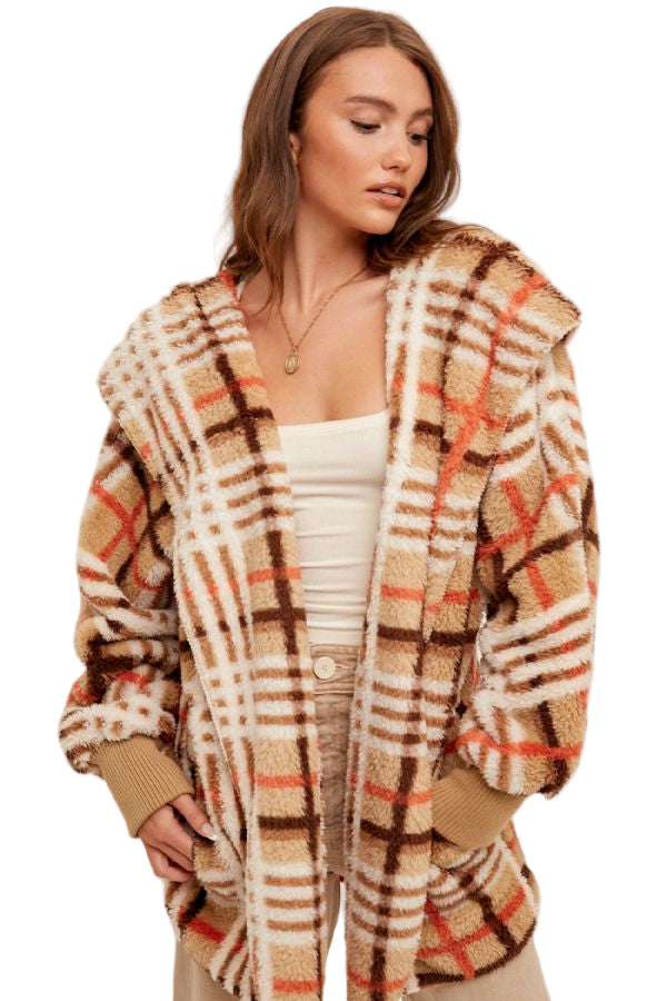 Hem & Thread Multi Color Plaid Oversized Fuzzy Hooded Jacket - Taupe Mix - Front View