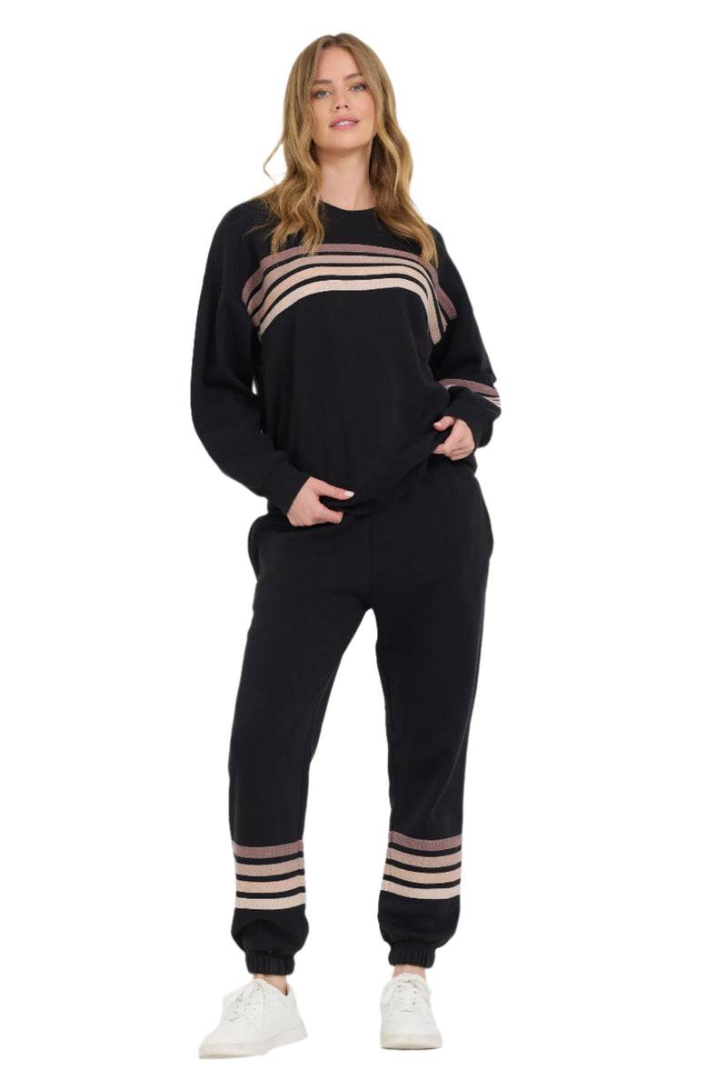 Vintage Havana Neutral Stripe Burnout Fleece Jogger VH12620 Black outfit