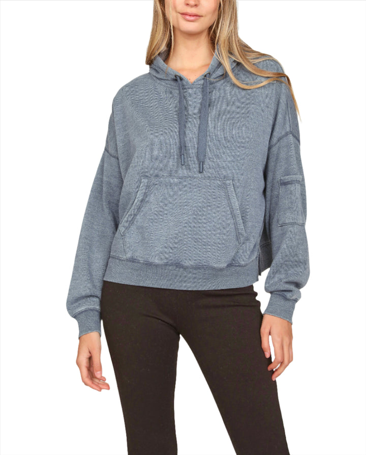 Vintage Havana Burnout Side Slit Hoodie VH9901 - Denim - Front View