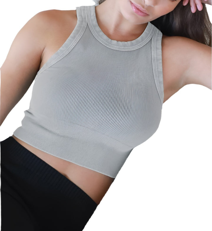 NikiBiki Vintage Ribbed High Neck Crop Top - Vintage Cool Grey - Front View
