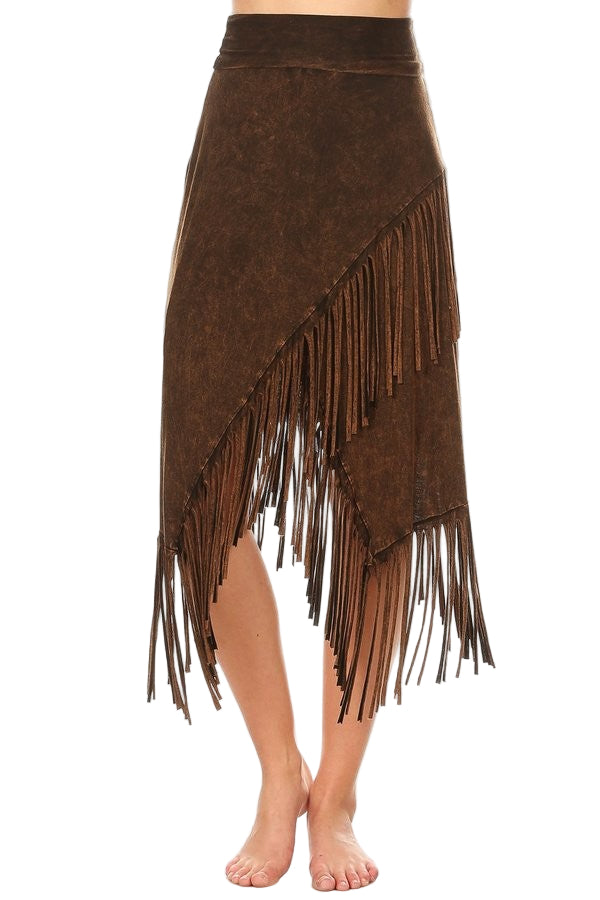 T-Party Roll down Cross Front Fringe Cowgirl SKIRT - Brown - Front View