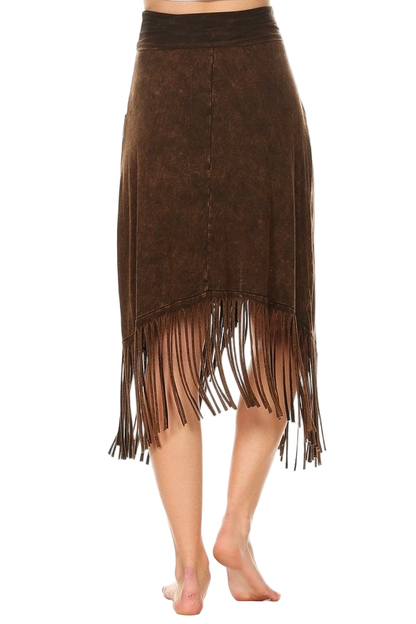 T-Party Roll down Cross Front Fringe Cowgirl SKIRT - Brown - Back View