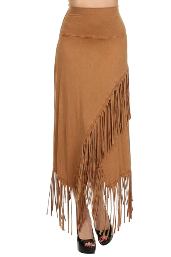 T-Party Roll down Cross Front Fringe Cowgirl SKIRT - Camel - Front View