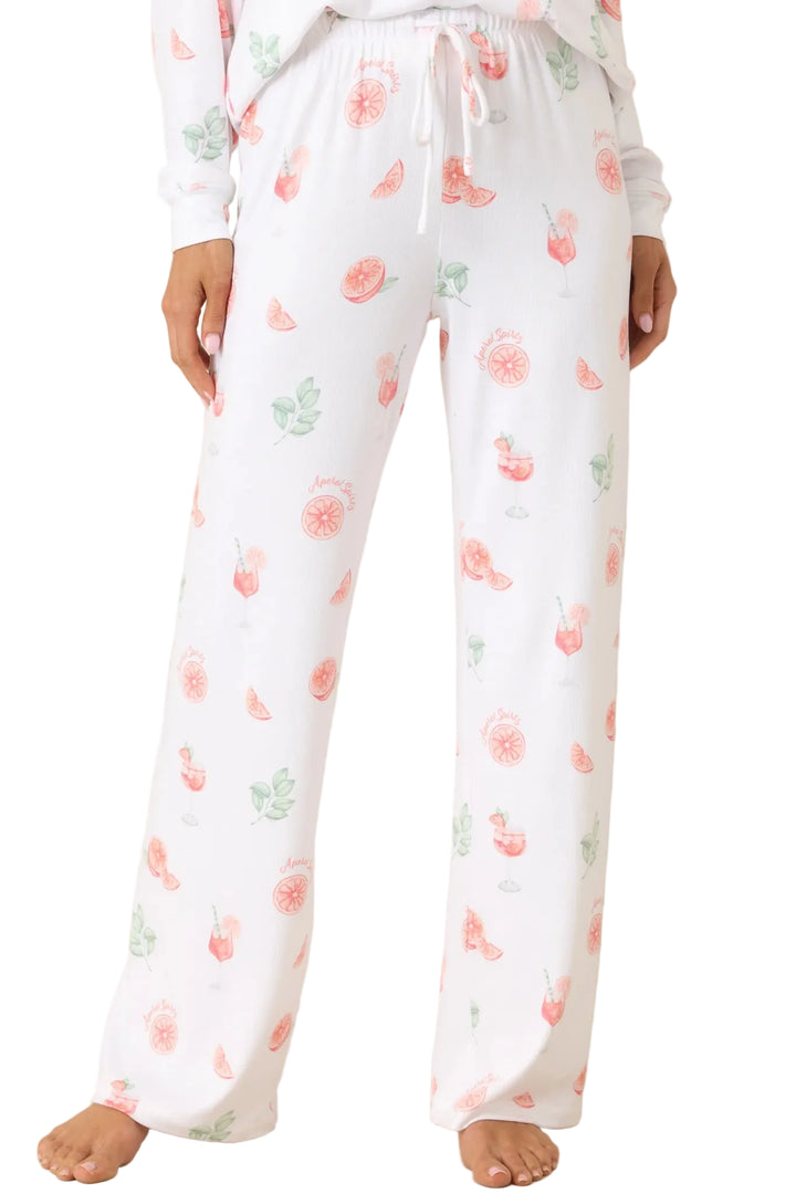 Floral-patterned pajama pants on a plain background