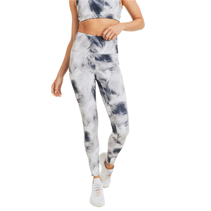 Mono B White Feather Print Highwaist Leggings - White Feather - Front View