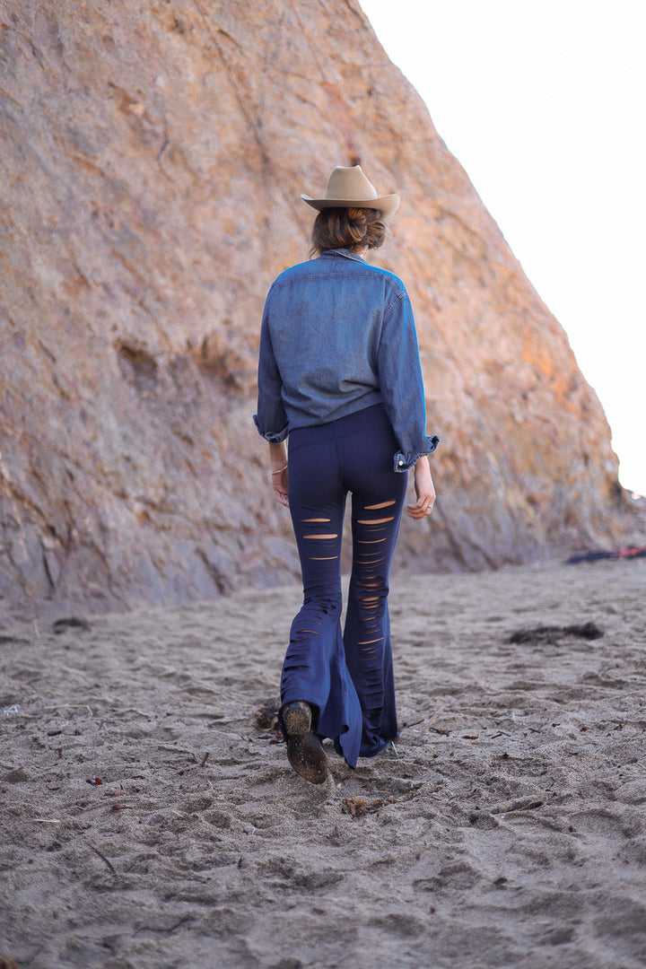 Solid Navy Laser Long Bell Bottom ♡