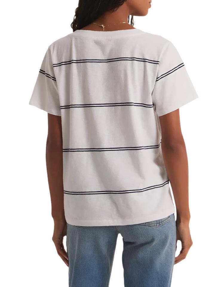 Z Supply Striped V Neck Pocket Tee - White - Back View
