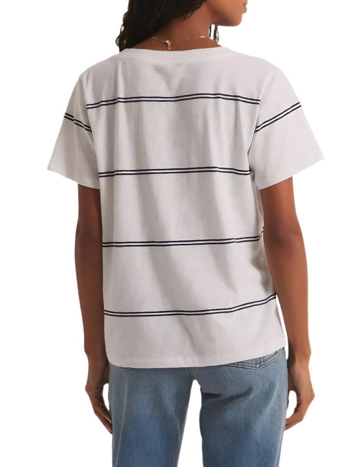 Z Supply Striped V Neck Pocket Tee - White - Back View