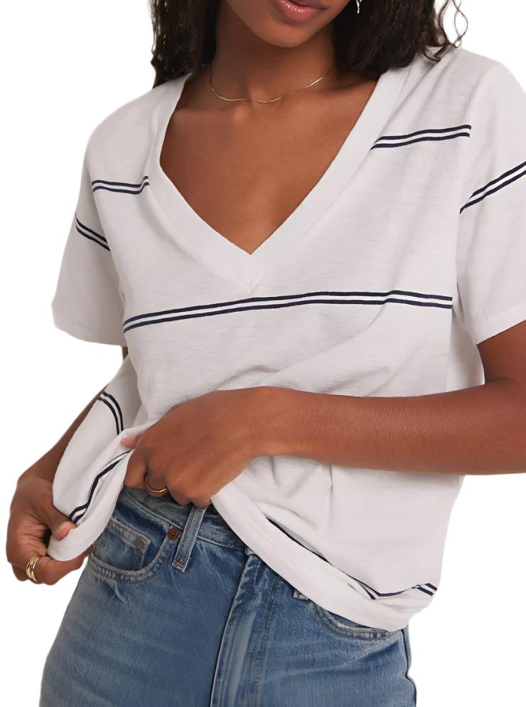 Z Supply Striped V Neck Pocket Tee - White - Front Rear View