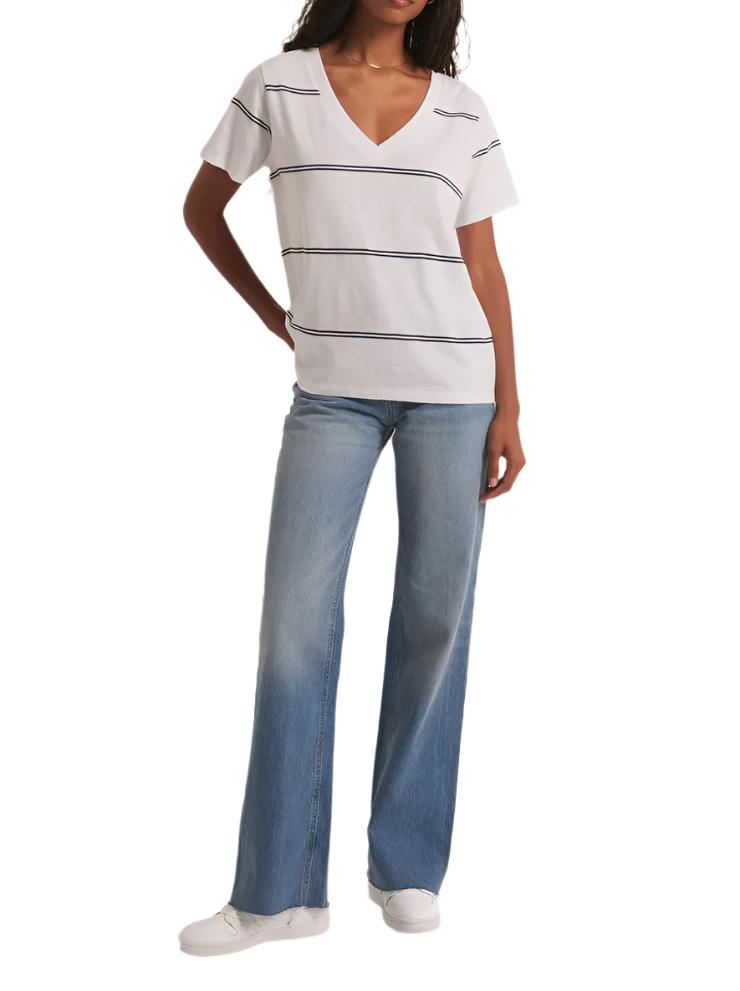 Z Supply Striped V Neck Pocket Tee - White - Front View