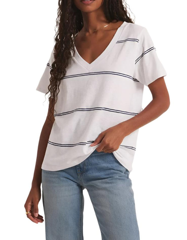 Z Supply Striped V Neck Pocket Tee - White - Front View