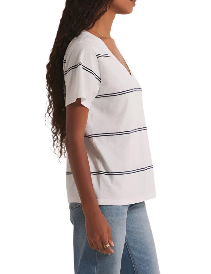 Z Supply Striped V Neck Pocket Tee - White - Side View