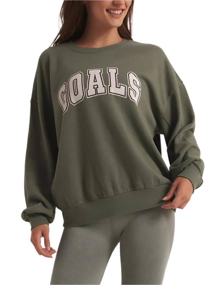Z Supply Goals Oversized Cotton Sweatshirt - Olive Crush - Front View