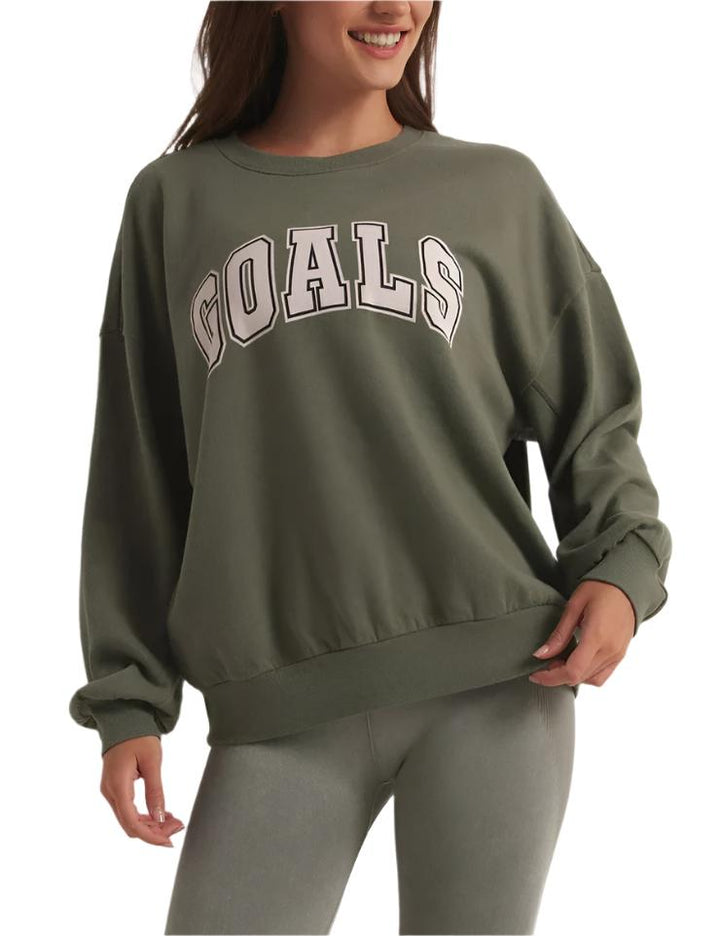 Z Supply Goals Oversized Cotton Sweatshirt - Olive Crush - Front View