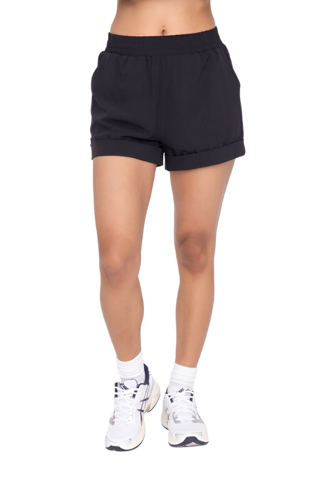 Mono B High Waist Cuffed Casual Shorts AP-A1230 - Black - Front View