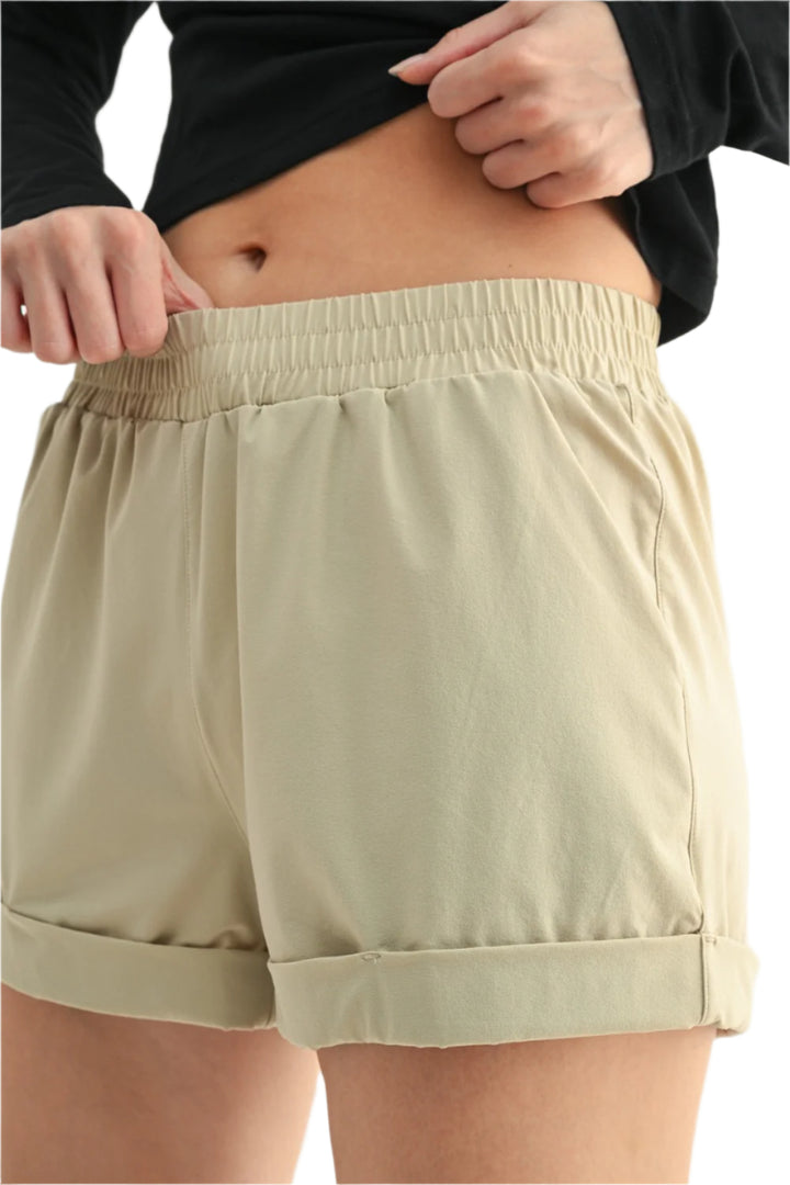 Mono B High Waist Cuffed Casual Shorts - Green Khaki - Side Rear View