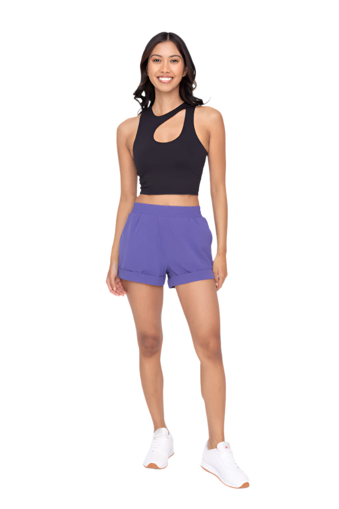 Mono B High Waist Cuffed Casual Shorts - Orient Blue - Front Full View