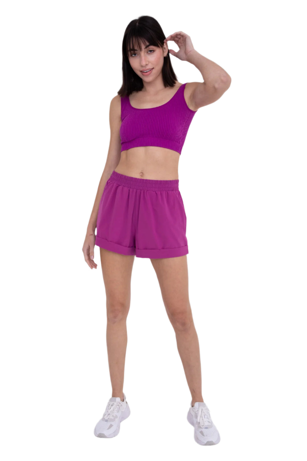 Mono B High Waist Cuffed Casual Shorts - Purple Wine - Front Full View