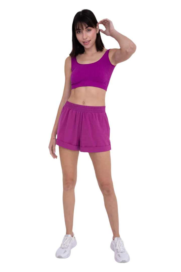 Mono B High Waist Cuffed Casual Shorts - Purple Wine - Front Full View