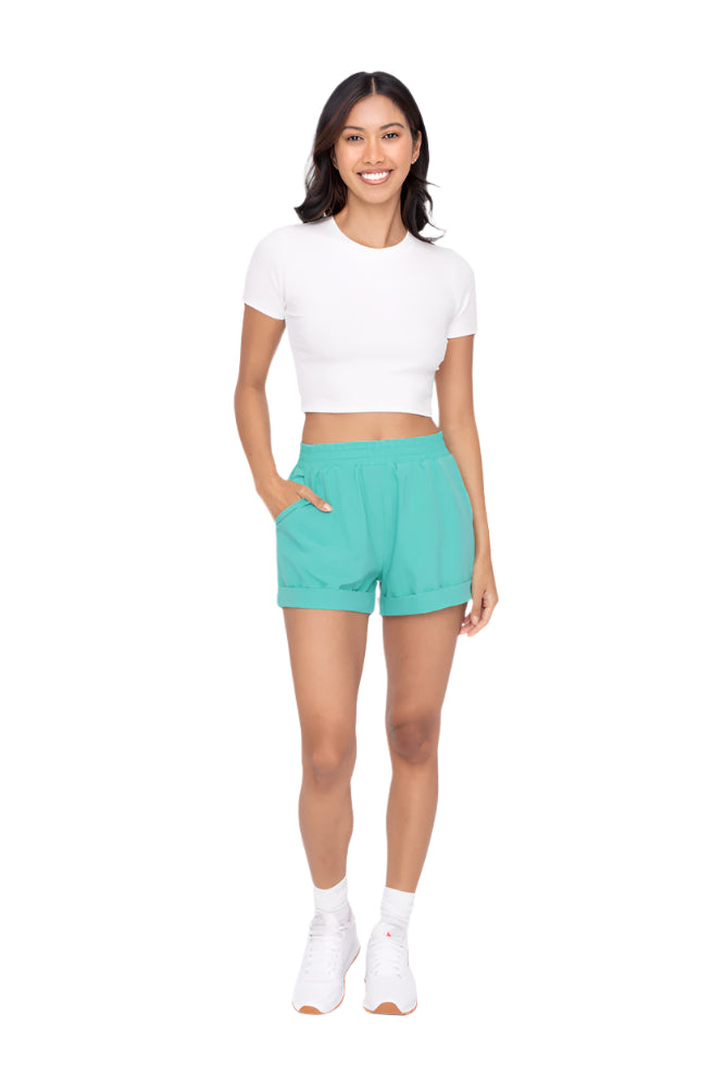 Mono B High Waist Cuffed Casual Shorts - Sea Green - Front Full View