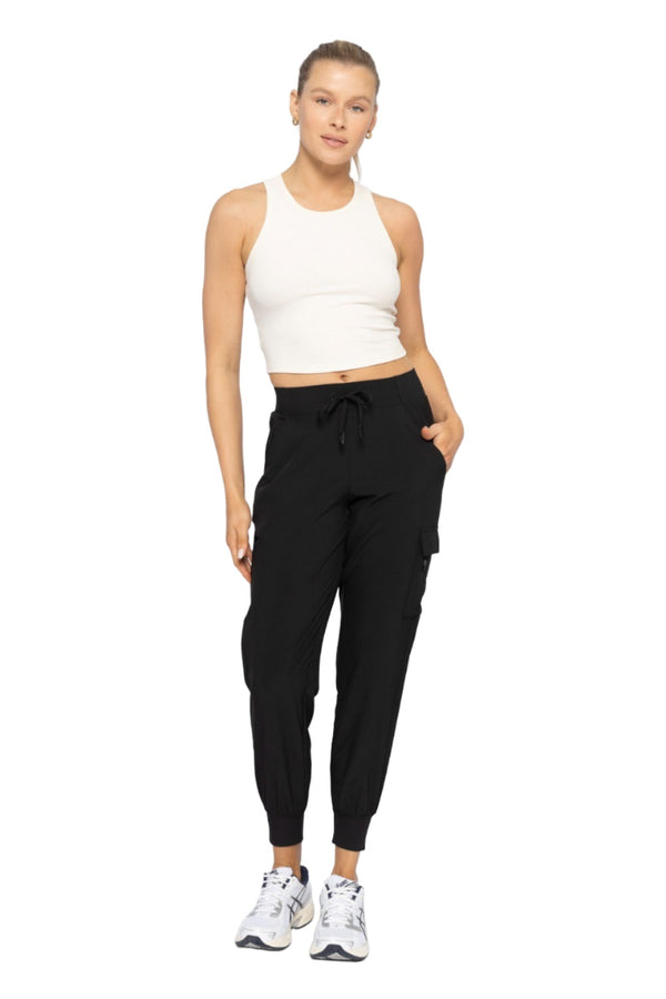 Mono B High Waist Cargo Active Joggers With Pockets AP-B0115 - Black - Front Full View
