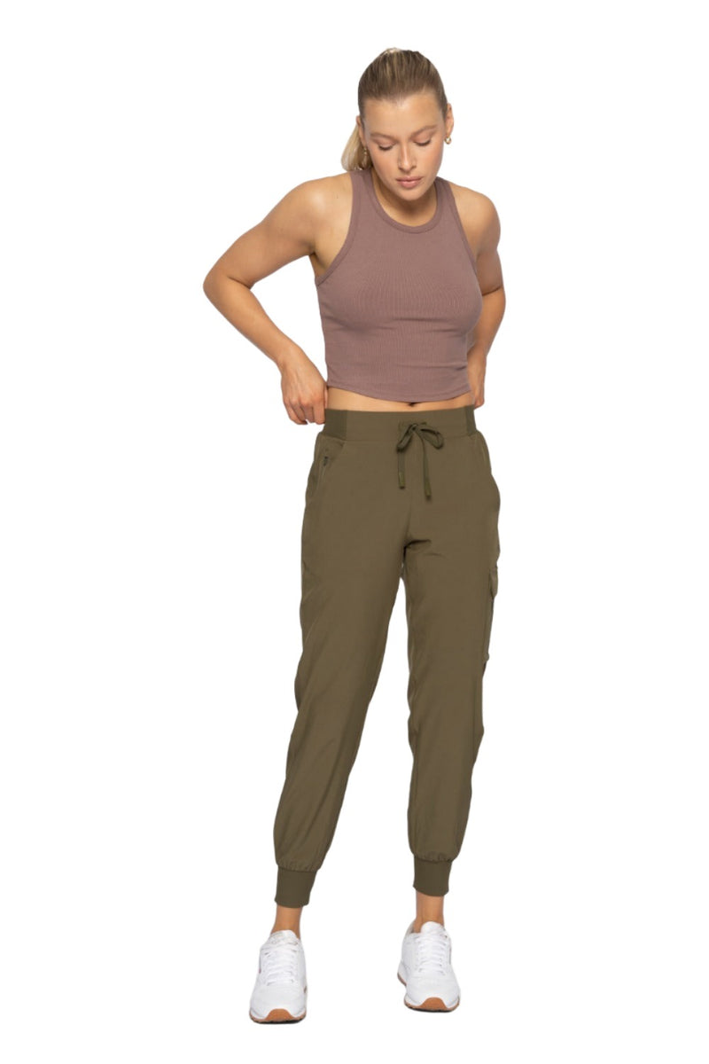 Mono B High Waist Cargo Active Joggers With Pockets AP-B0115 - Ivy Green - Front Full View