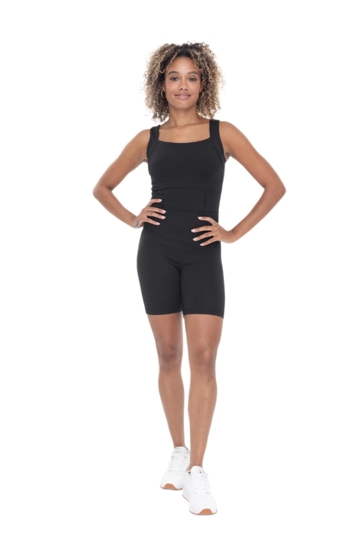 Mono B Venice Paneled Waist Short Unitard - Black - Front Full View