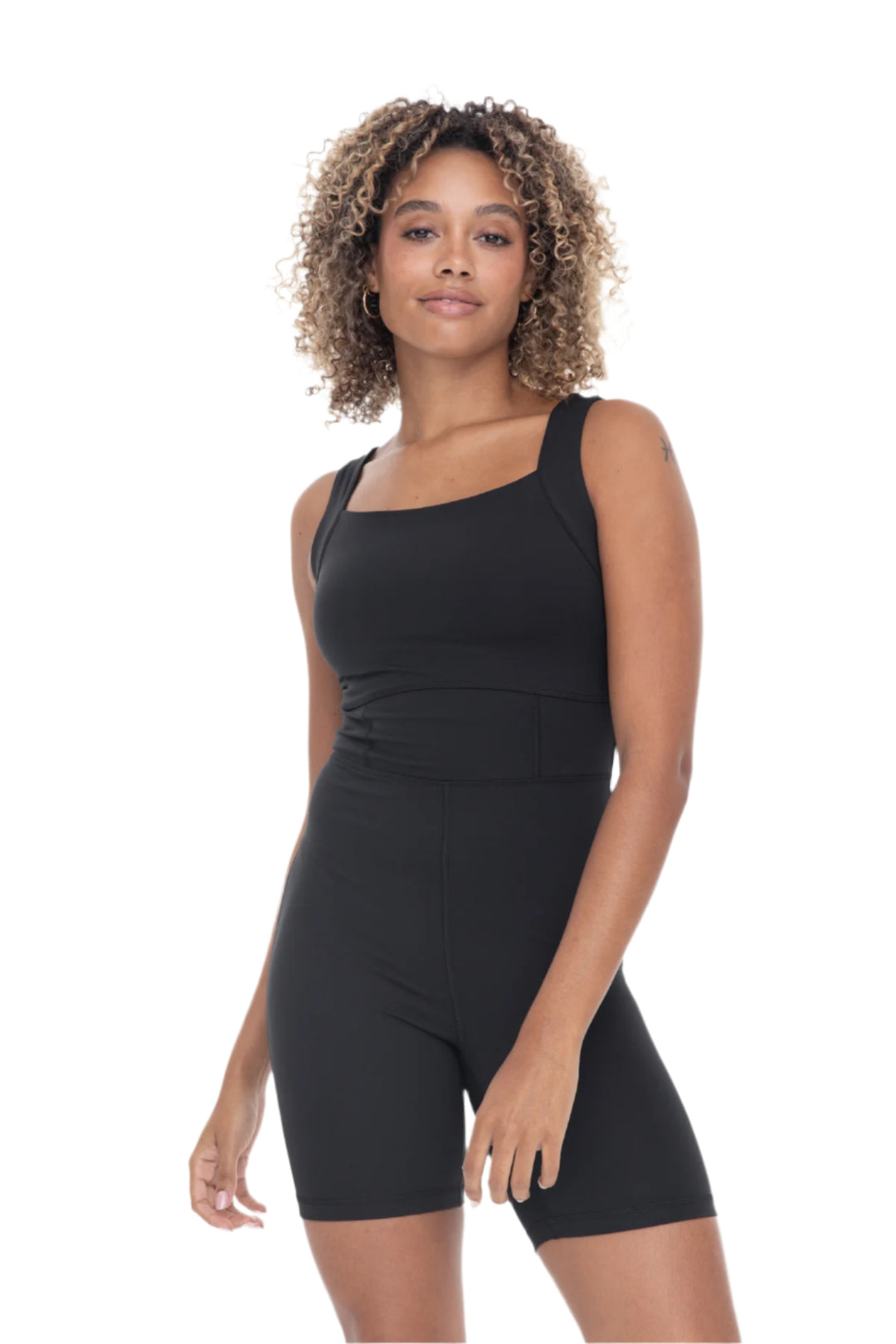 Mono B Venice Paneled Waist Short Unitard - Black - Front View