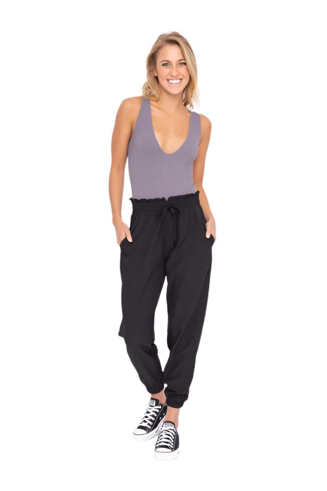 Mono B Cuffed Essential High Waist Joggers - Black - Front Full View