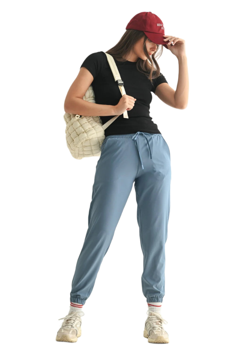 Mono B Cuffed Essential High Waist Joggers - Blue - Front Full View